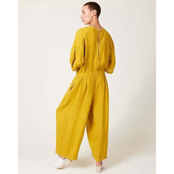 Black Crane Pea Jumpsuit Gold Linen XS Balloon Leg Minimalist Made in USA - Picture 4 of 14